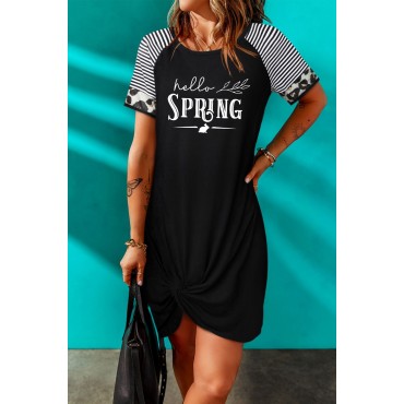 Black Hello Spring Print Twist Striped Short Sleeve Mini Dress Black Hello Spring Print Twist Striped Short Sleeve Mini Dress