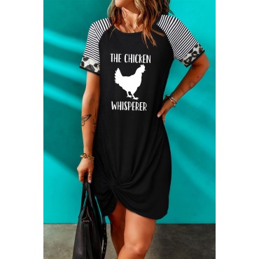 Black Chicken Whisperer Graphic Striped Sleeves T Shirt Dress Black Chicken Whisperer Graphic Striped Sleeves T Shirt Dress