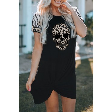 Black Leopard Ghost Graphic Mixed Print Sleeve T Shirt Dress with Twist Black Leopard Ghost Graphic Mixed Print Sleeve T Shirt Dress with Twist