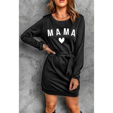 Black MAMA Heart Shaped Print Tie Waist Long Sleeve Mini Dress Black MAMA Heart Shaped Print Tie Waist Long Sleeve Mini Dress