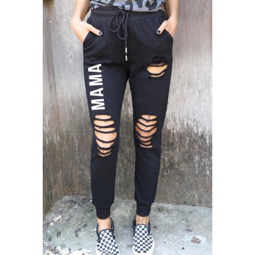Black MAMA Letter Print Distressed High Waist Jogger Pants Black MAMA Letter Print Distressed High Waist Jogger Pants