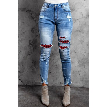 Plaid Patchwork Skinny Fit High Waist Distressed Jeans Plaid Patchwork Skinny Fit High Waist Distressed Jeans