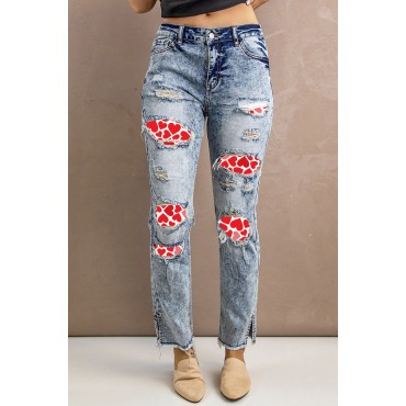 Sky Blue Valentine Heart Print Patchwork Distressed Slim-fit Jeans Sky Blue Valentine Heart Print Patchwork Distressed Slim-fit Jeans