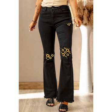 Black Sunflower Patchwork Raw Hem High Rise Flare Jeans Black Sunflower Patchwork Raw Hem High Rise Flare Jeans