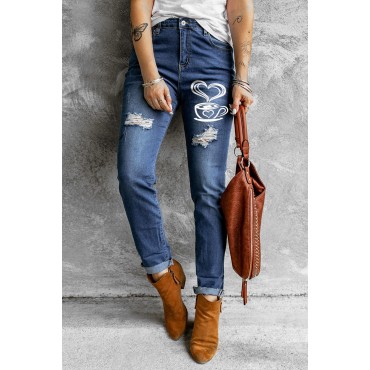 Blue Distressed Coffee Print Skinny Jeans Blue Distressed Coffee Print Skinny Jeans