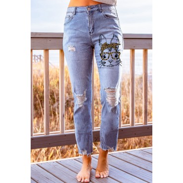 Sky Blue Easter Rabbit Leopard Print Distressed Ankle Jeans Sky Blue Easter Rabbit Leopard Print Distressed Ankle Jeans