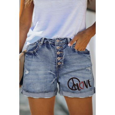Sky Blue Casual Peace Logo Graphic Denim Short Sky Blue Casual Peace Logo Graphic Denim Short