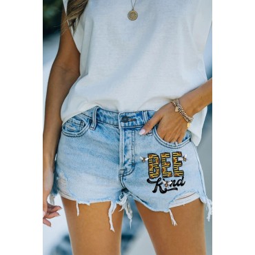 Sky Blue Bee Kind Sunflower Animal Print High Waist Denim Shorts Sky Blue Bee Kind Sunflower Animal Print High Waist Denim Shorts