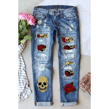 Sky Blue Rose Skull Patchwork Ripped Jeans Sky Blue Rose Skull Patchwork Ripped Jeans