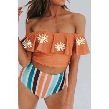 Orange Ruffles Overlay Off Shoulder Top and Striped Panty Bikini Orange Ruffles Overlay Off Shoulder Top and Striped Panty Bikini