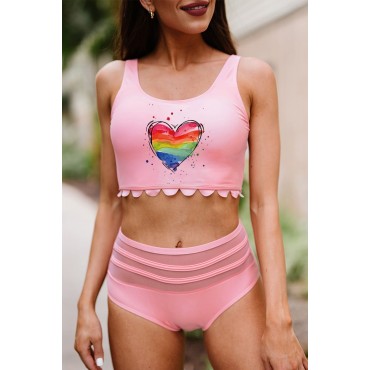 Pink Colorful Heart Shaped Scalloped High Waist Bikini Swimwear Pink Colorful Heart Shaped Scalloped High Waist Bikini Swimwear