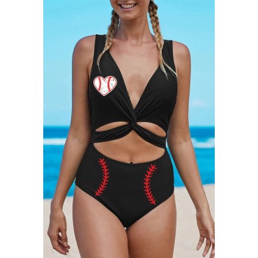 Black Baseball Heart Print Cut-out Criss Cross One-piece Swimwear Black Baseball Heart Print Cut-out Criss Cross One-piece Swimwear