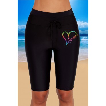 Black Heart Shape Letter Print Drawstring High Waist Swim Shorts Black Heart Shape Letter Print Drawstring High Waist Swim Shorts